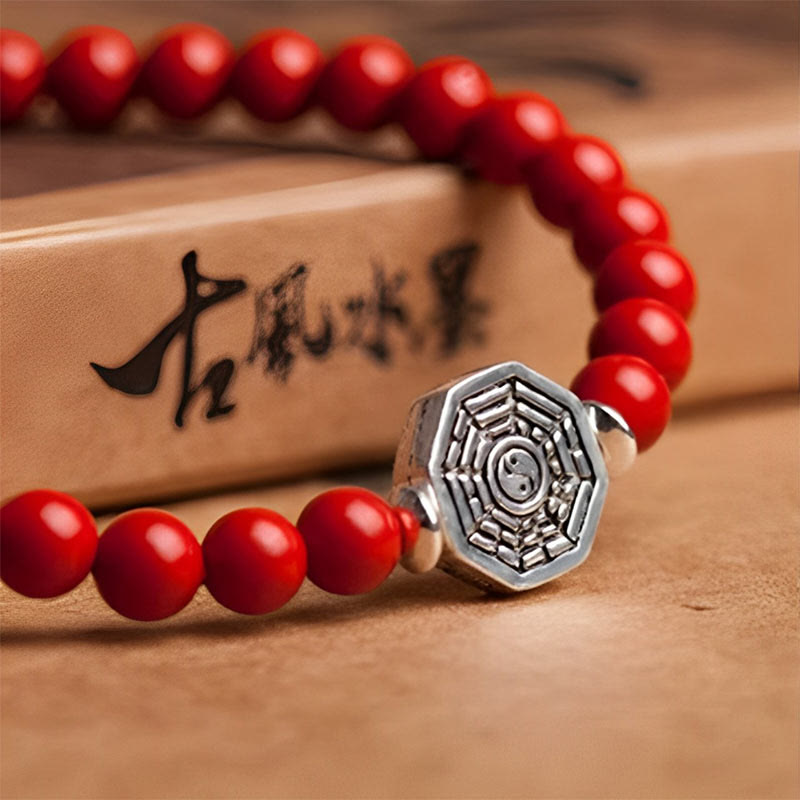 Fortune Jewel 925 Sterling Silver Yin Yang Bagua Symbol Cinnabar String Concentration Bracelet