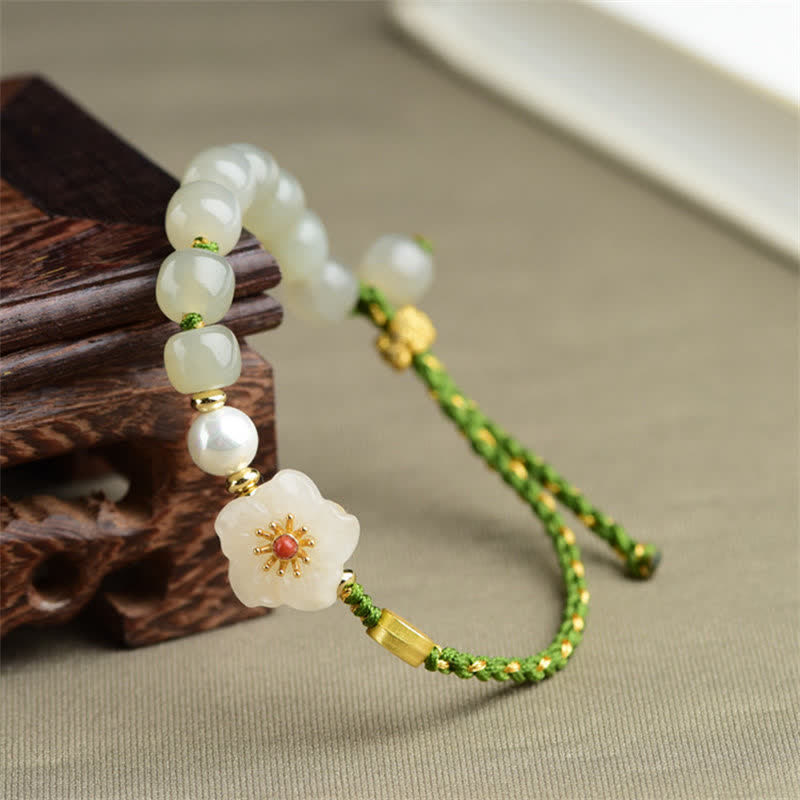 Fortune Jewel 925 Sterling Silver Natural Hetian Jade Peach Blossom Luck Bracelet