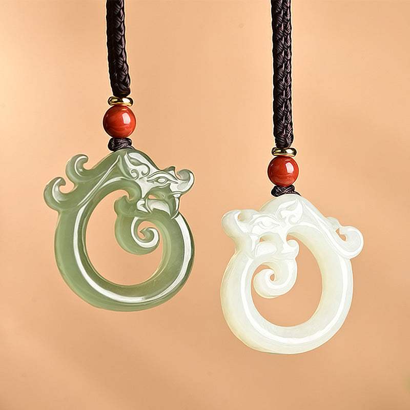 Fortune Jewel White Jade Cyan Jade Dragon Protection Necklace String Pendant Fortune Jewel