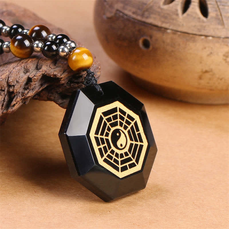 Fortune Jewel Bagua Yin Yang Black Obsidian Purification Beaded Necklace Pendant