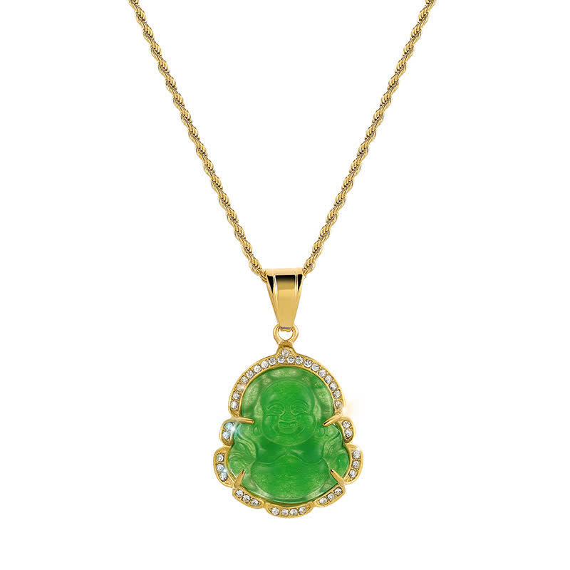 Fortune Jewel 18K Gold Filled Laughing Buddha Jade Luck Necklace Chain Pendant Fortune Jewel