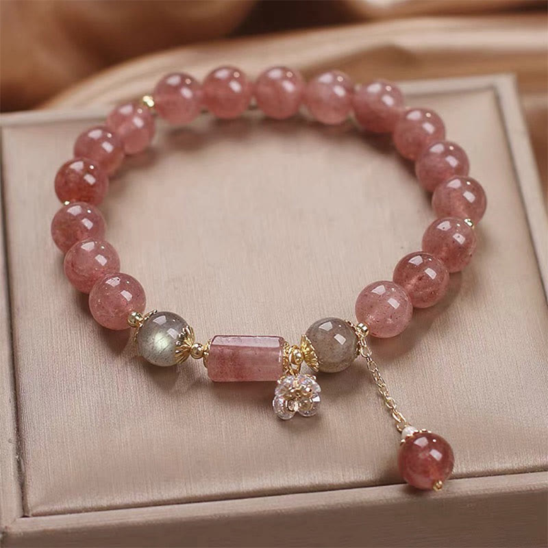 Fortune Jewel Natural Strawberry Quartz Zircon Flower Positive Charm Bracelet
