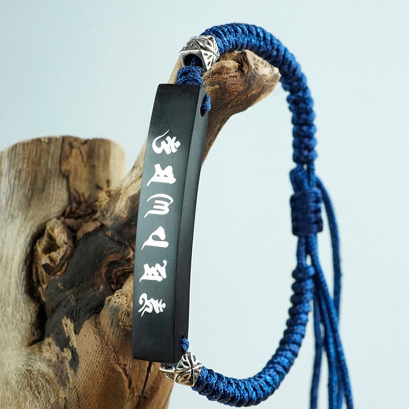Fortune Jewel Buddhism Six True Words Wood Ebony Wood Silver Inlaid Protection Bracelet