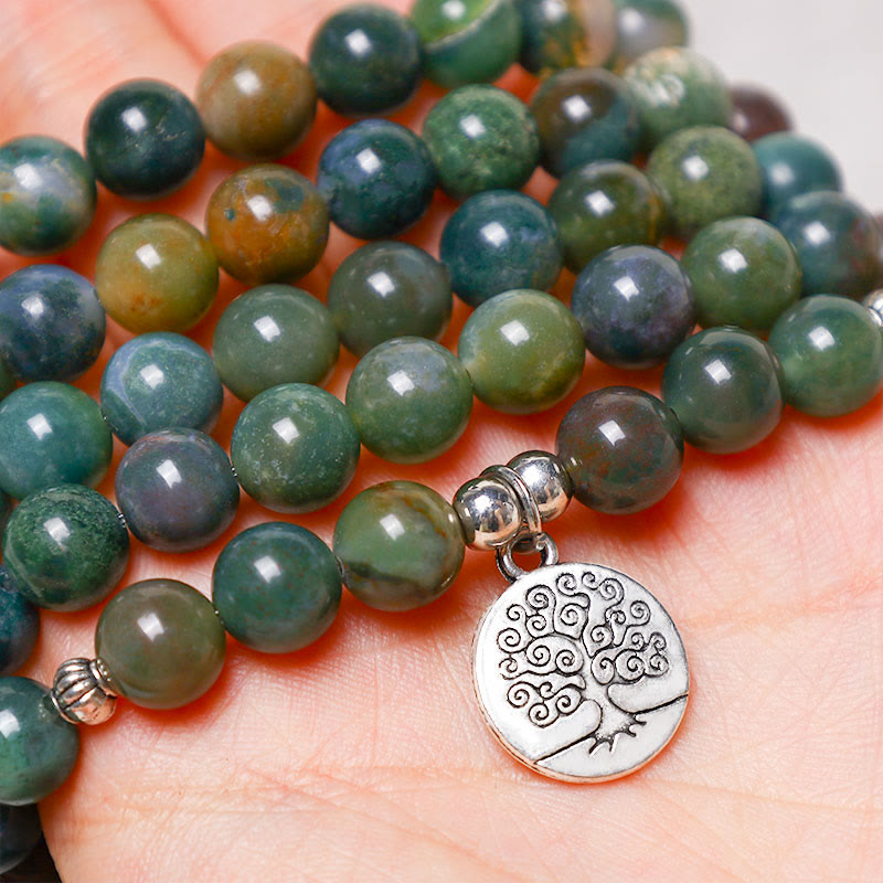 Fortune Jewel 108 Mala Beads Indian Agate Lotus OM Buddha Tree of life Positive Calm Bracelet