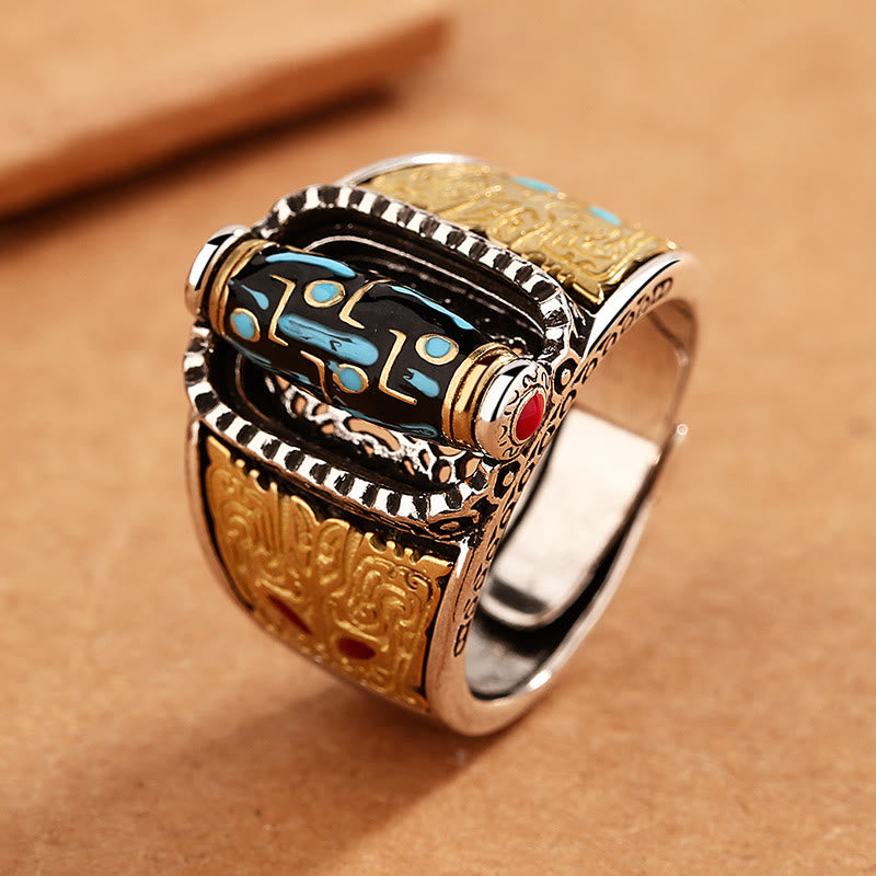 Fortune Jewel Tibetan Nine-Eye Dzi Bead Wealth Blessings Rotatable Ring