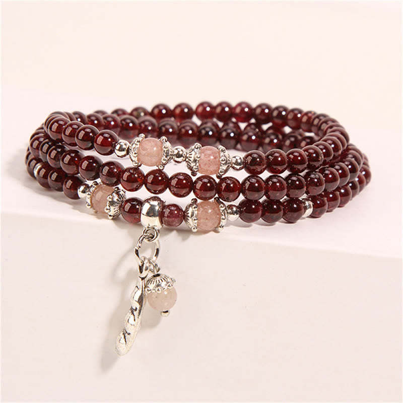 Fortune Jewel Natural Garnet Strawberry Quartz Green Beans PiXiu Protection Triple Wrap Bracelet