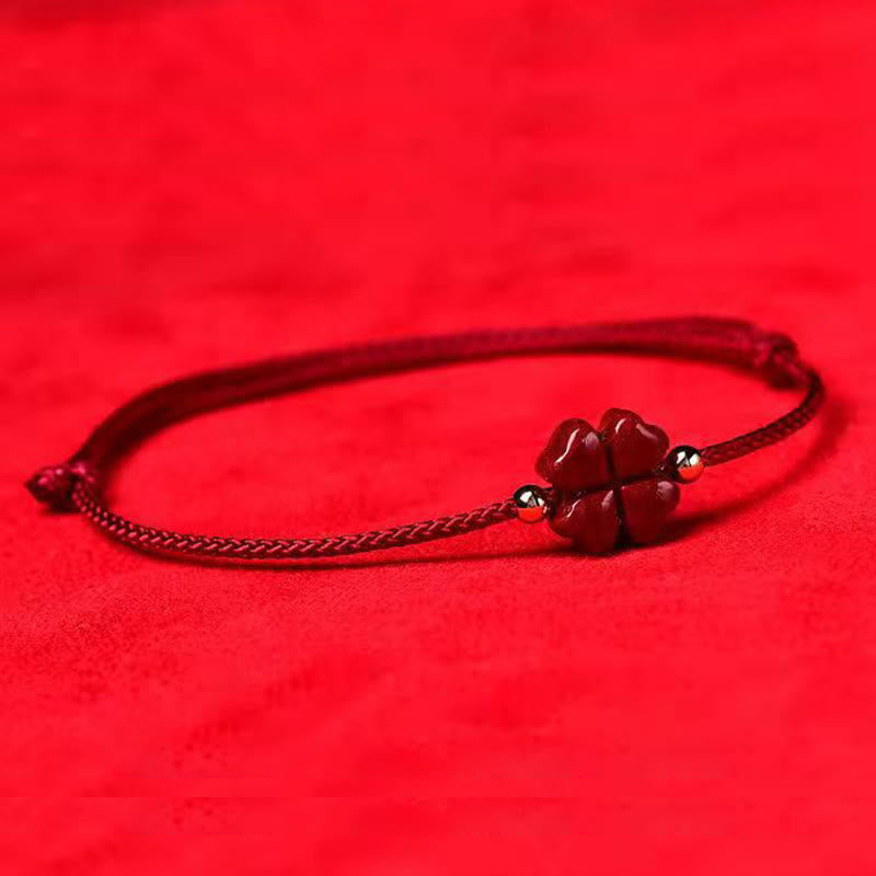 Fortune Jewel Natural Cinnabar Four Leaf Clover Blessing Red String Bracelet Anklet
