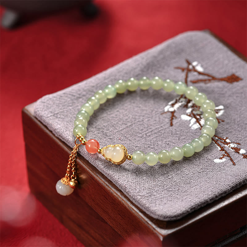 Fortune Jewel 925 Sterling Silver Hetian Jade Gourd Lotus Abundance Luck Bracelet