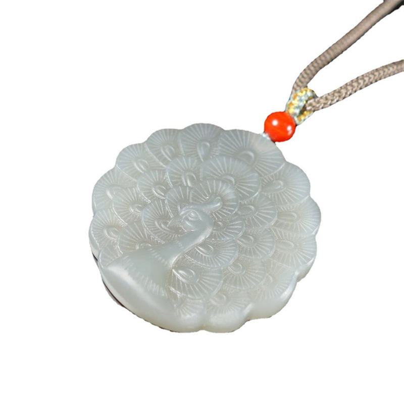 Fortune Jewel White Jade Peacock Protection Blessing Necklace Pendant
