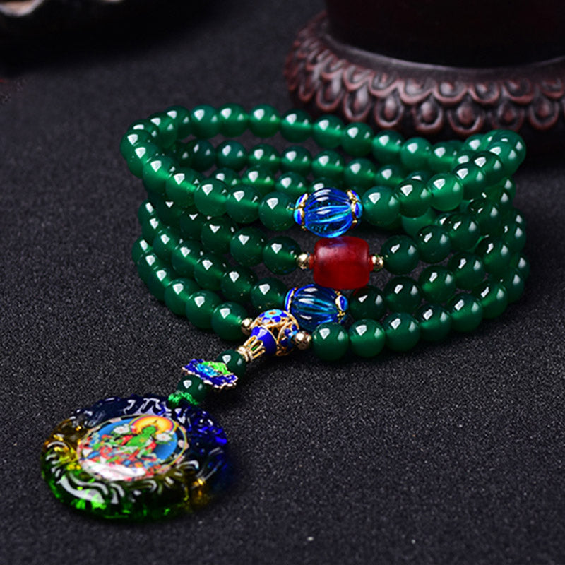 Fortune Jewel 108 Mala Beads Natural Green Agate Bodhisattva Green Tara Manifestation Charm Bracelet