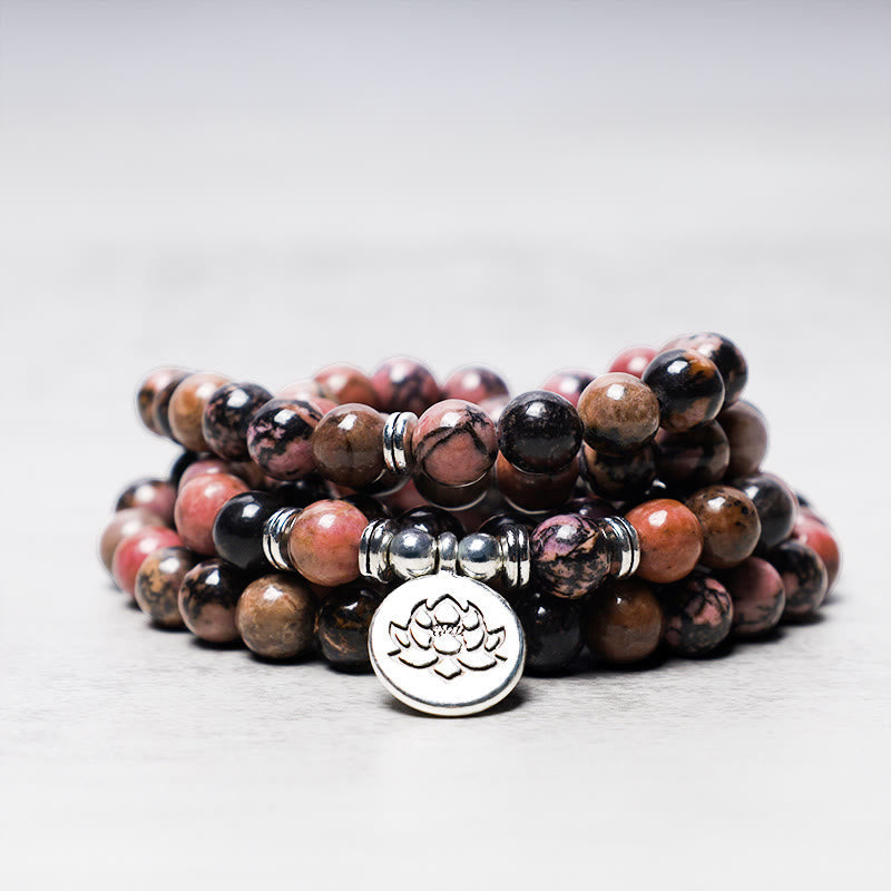 Fortune Jewel 108 Mala Beads Rhodonite Lotus Compassion Energy Bracelet