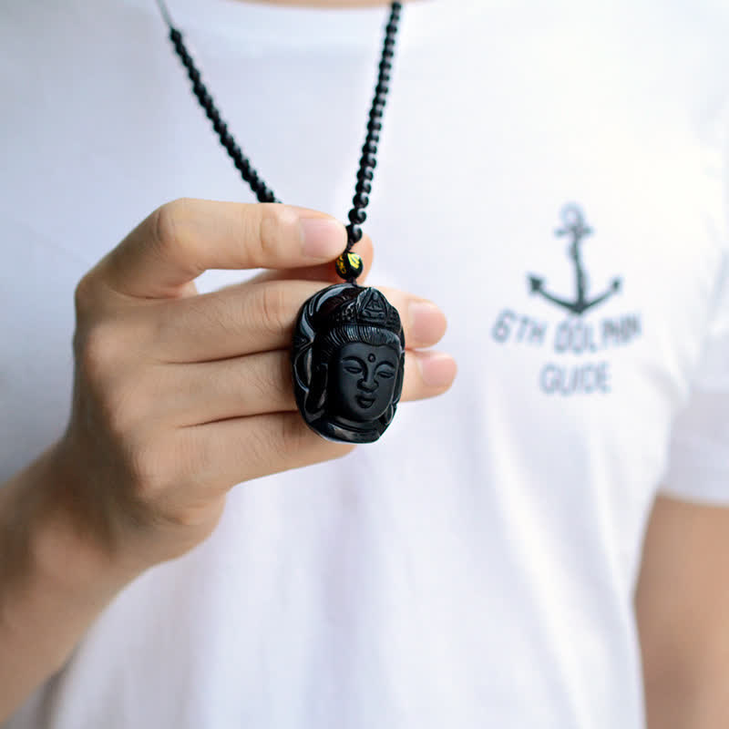 Fortune Jewel Natural Black Obsidian Kwan Yin Avalokitesvara Strength String Necklace Pendant
