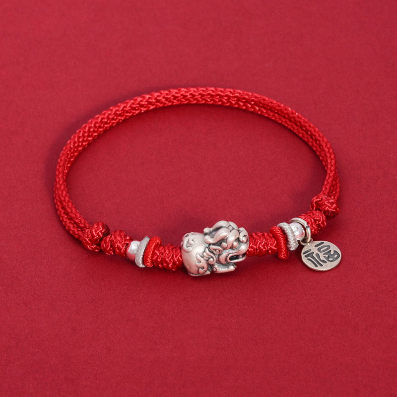 Fortune Jewel 925 Sterling Silver PiXiu Fu Character Wealth Luck Handmade Braided Bracelet