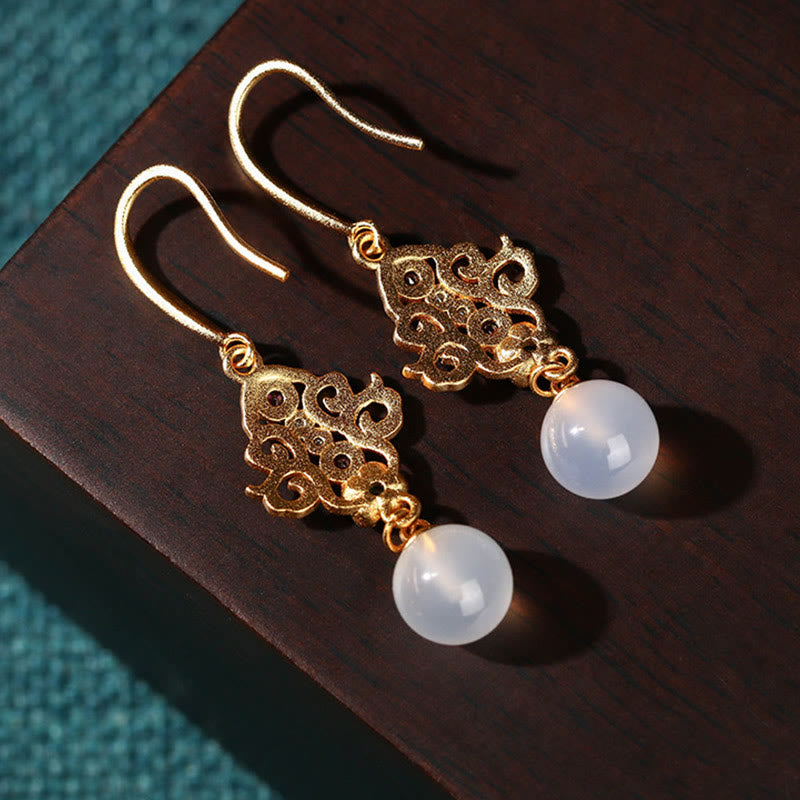 Fortune Jewel 24K Gold Plated Round Chalcedony Positive Dangle Drop Earrings