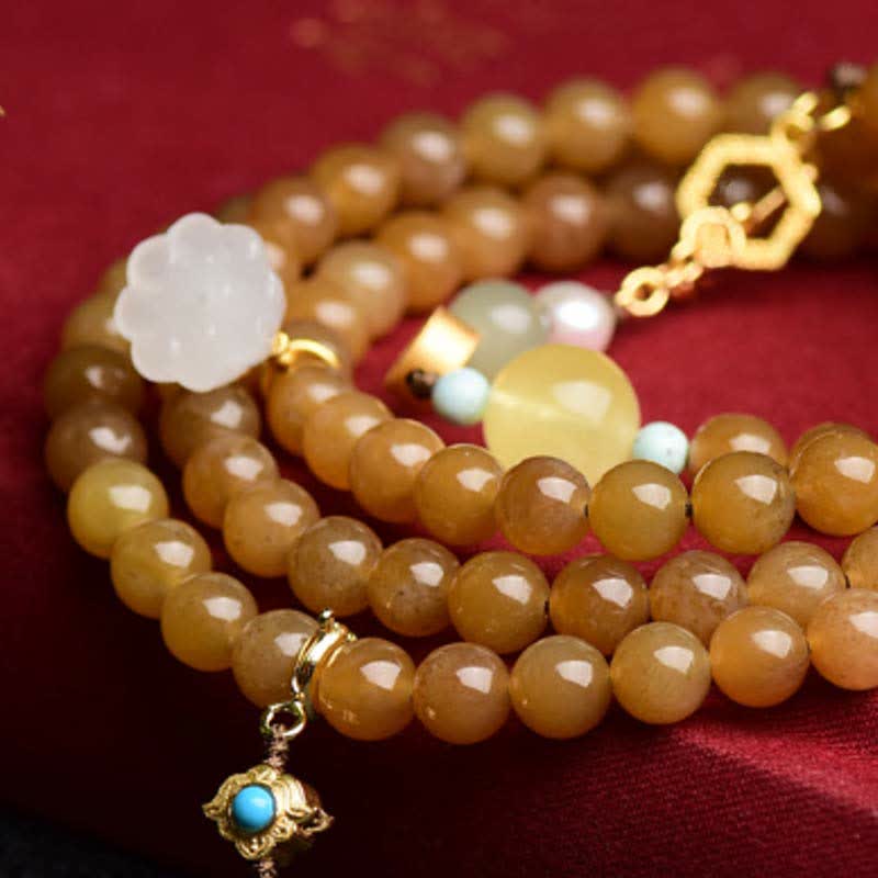 Fortune Jewel Natural Hetian Topaz Amber Lotus White Jade Pearl Success Bracelet