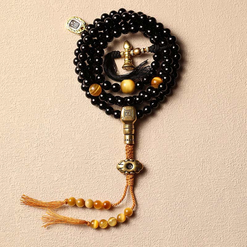 Fortune Jewel Tibetan 108 Mala Beads Black Onyx Tiger Eye Beads Nine Palaces Bagua Protection Bracelet