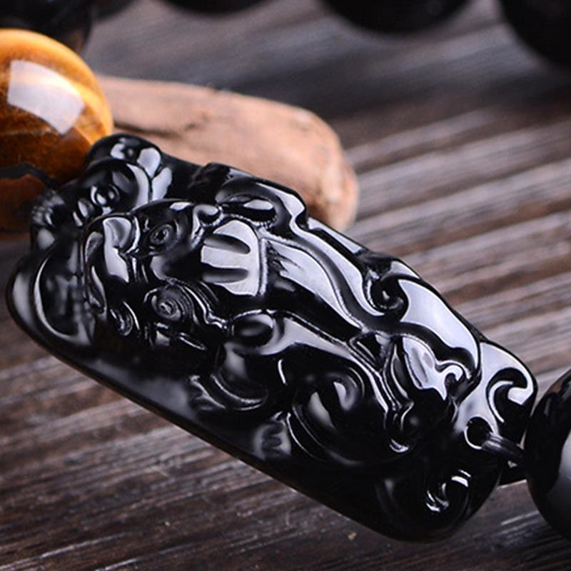 Fortune Jewel Natural Black Obsidian PiXiu Tiger's Eye Strength Bracelet