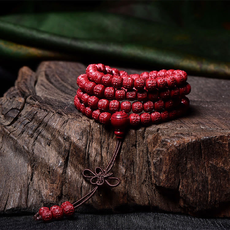 Fortune Jewel 108 Mala Beads Cinnabar Om Mani Padme Hum Pattern Engraved Blessing Bracelet