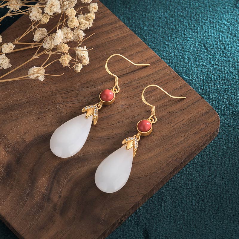 Fortune Jewel FengShui White Jade Luck Drop Earrings