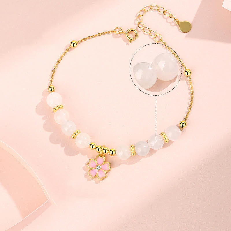 Fortune Jewel 925 Sterling Silver Hetian White Jade Cherry Blossom Protection Bracelet