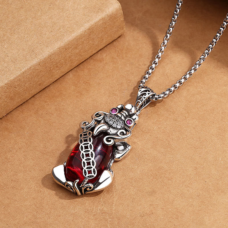 Fortune Jewel PiXiu Garnet Copper Coin Wealth Luck Necklace Pendant
