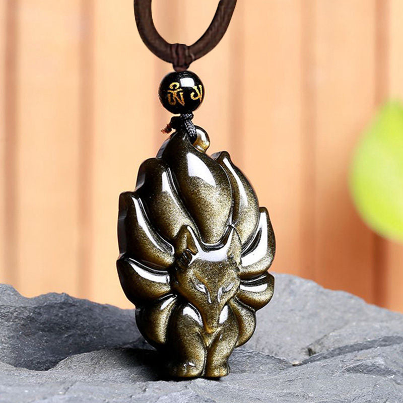 Fortune Jewel Natural Rainbow Obsidian Gold Sheen Obsidian Nine Tailed Fox Positive Necklace Pendant