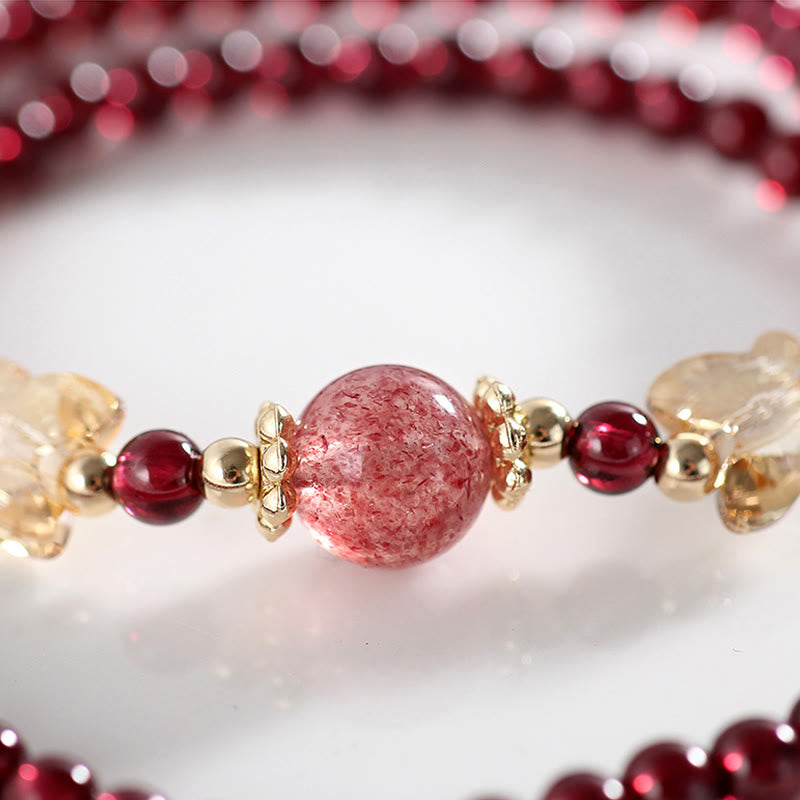 Fortune Jewel 14K Gold Plated Natural Garnet Strawberry Quartz Butterfly Protection Double Wrap Bracelet