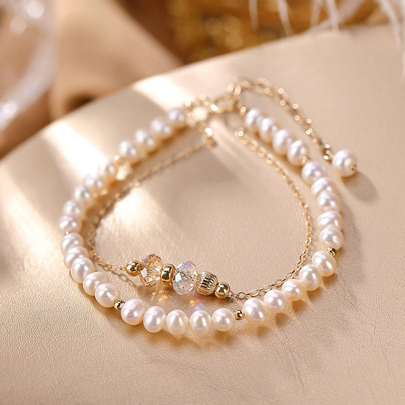 Fortune Jewel 925 Sterling Silver Plated 14k Gold Natural Pearl Crystal Healing Double Layer Bracelet