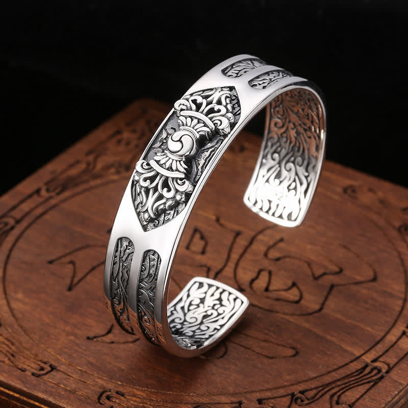 Fortune Jewel 925 Sterling Silver Vajra Dorje Engraved Spiritual Power Bracelet Bangle