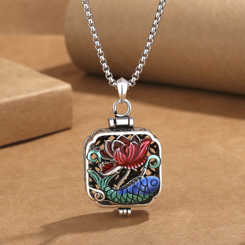 Fortune Jewel Koi Fish Lotus Copper Coins Luck Ghau Prayer Box Necklace Pendant Fortune Jewel