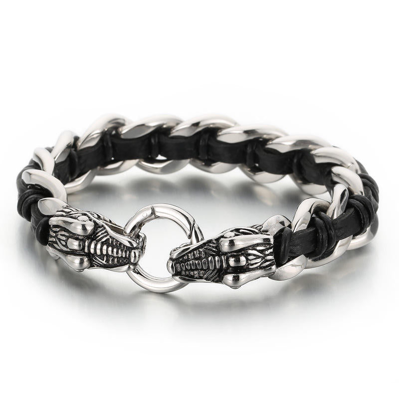 Fortune Jewel Dragon Leather Titanium Steel Protection Luck Braided Bracelet Fortune Jewel