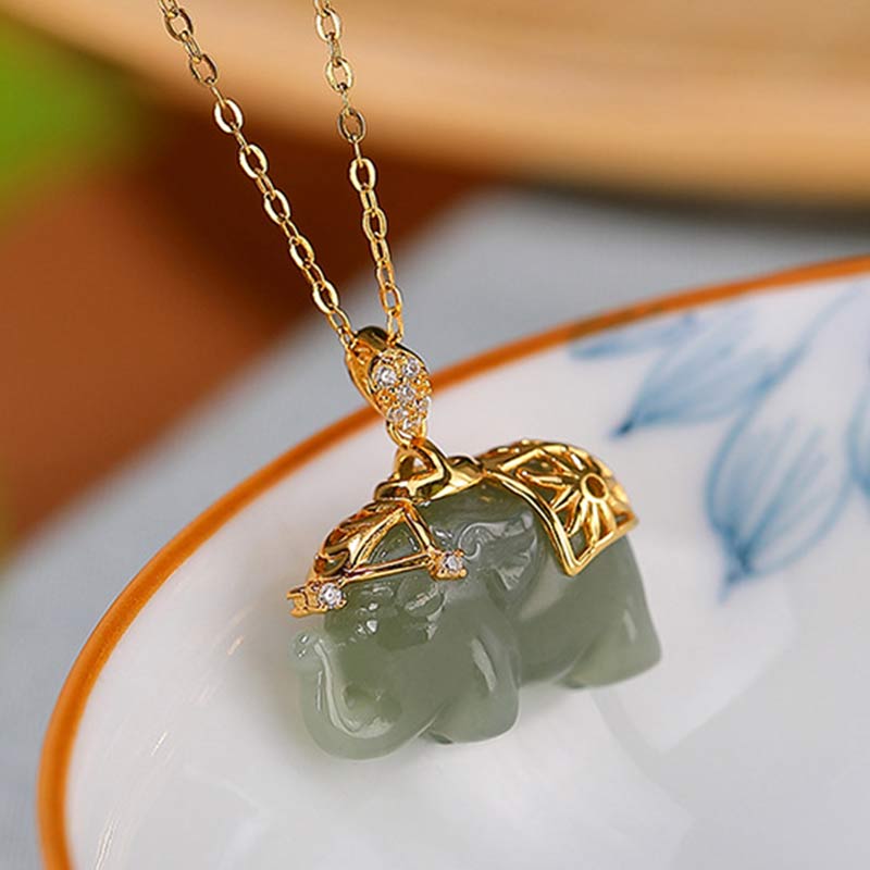 Fortune Jewel 925 Sterling Silver Jade Elephant Blessing Fortune Necklace Chain Pendant
