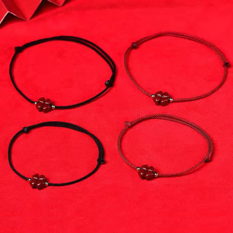 Fortune Jewel Natural Cinnabar Four Leaf Clover Blessing Red String Bracelet Anklet
