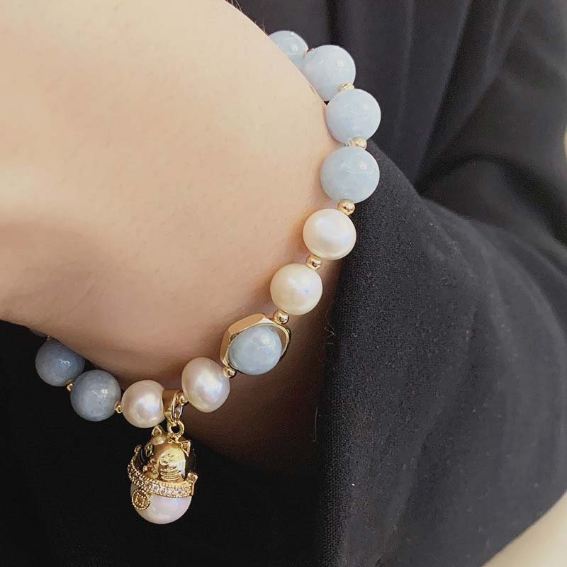 Fortune Jewel Aquamarine Pearl Peace Healing Lucky Cat Charm Bracelet