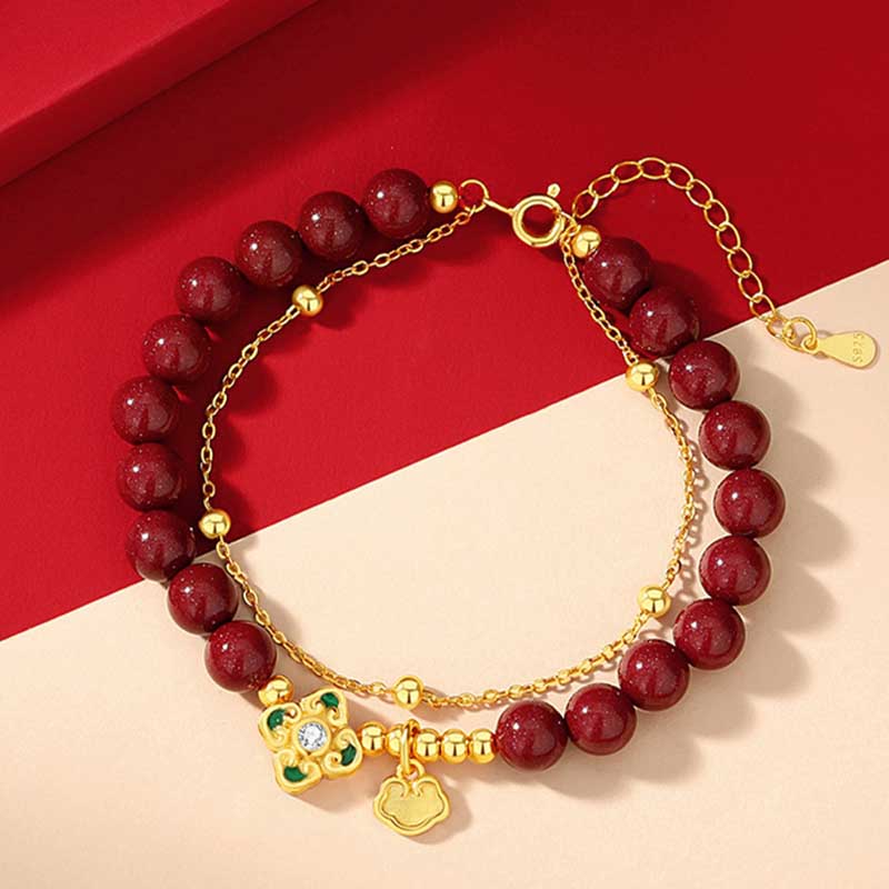 Fortune Jewel 925 Sterling Silver Natural Cinnabar Four Leaf Clover Flower Blessing Chain Bracelet