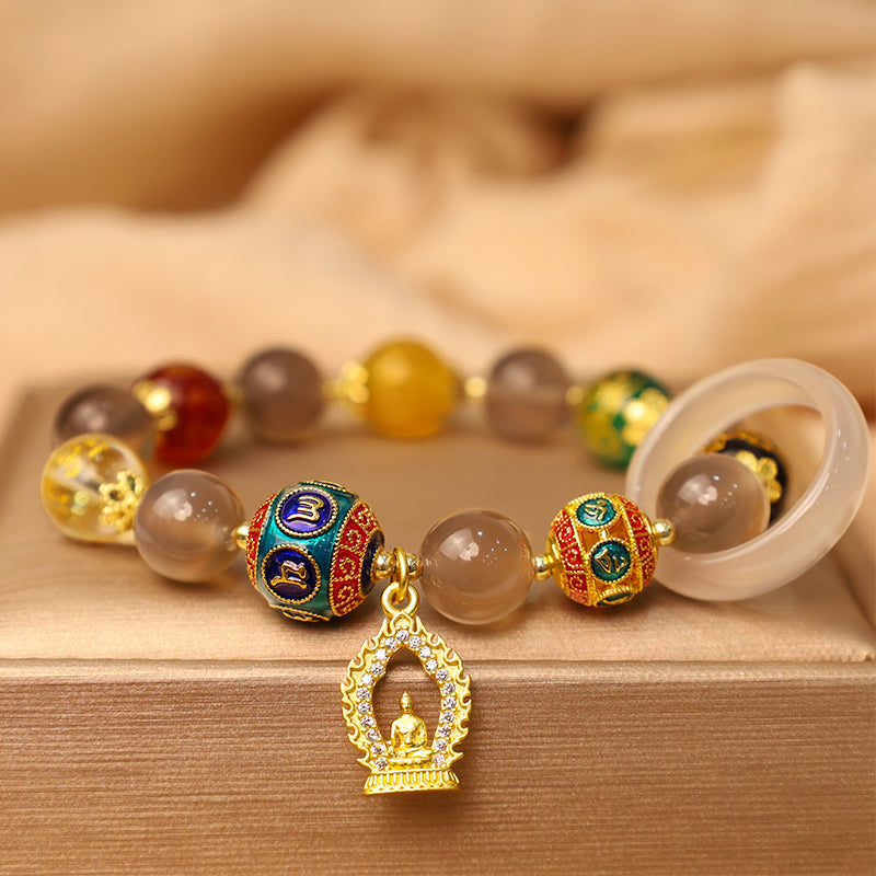 Fortune Jewel Natural Gray Agate Five Directions Gods of Wealth Om Mani Padme Hum Buddha Charm Bracelet