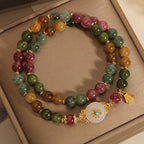 Fortune Jewel Natural Multicolored Tourmaline Positive Jade Flower Double Wrap Bracelet