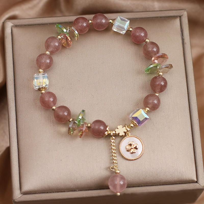 Fortune Jewel Strawberry Quartz Lucky Four Leaf Clover Healing Charm Bracelet