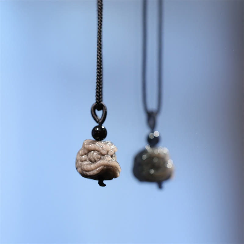 Fortune Jewel Natural Silver Sheen Obsidian Dancing Lion Protection Necklace Pendant