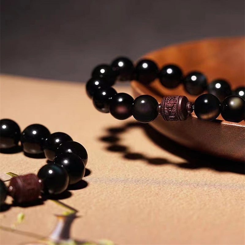 Fortune Jewel Natural Gold Sheen Obsidian Rainbow Obsidian Om Mani Padme Hum Fu Character Healing Bracelet