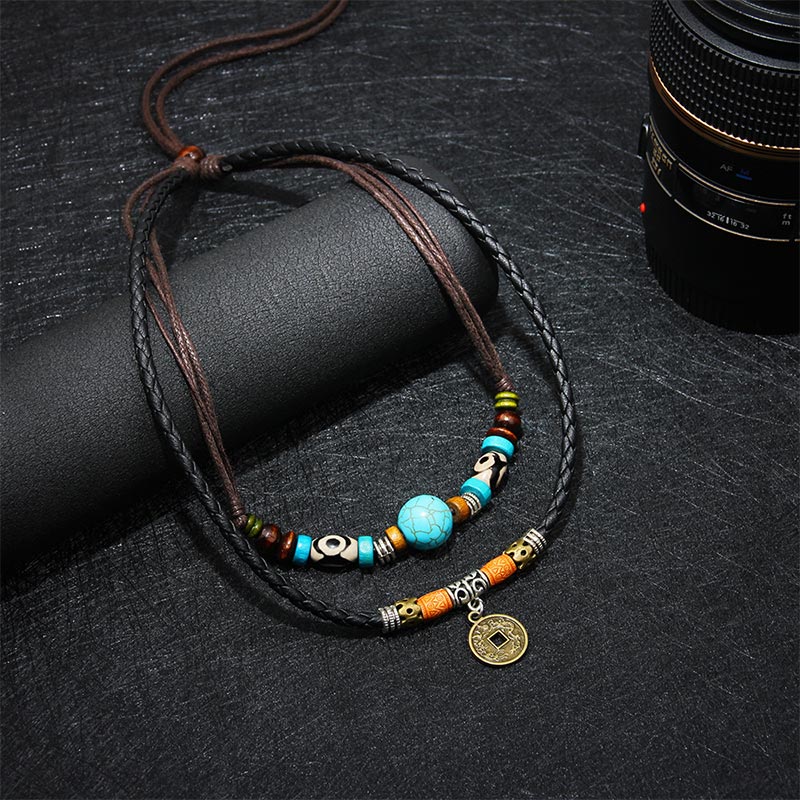 Fortune Jewel Turquoise Dzi Bead Protection Necklace