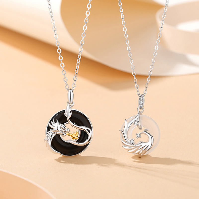 Fortune Jewel 925 Sterling Silver Year of the Dragon Natural Black Onyx Chalcedony Dragon Phoenix Peace Buckle Protection Necklace Pendant