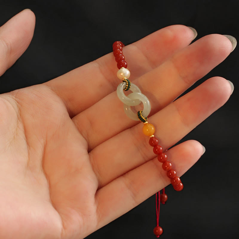 Fortune Jewel Natural Red Agate Hetian Jade Double Peace Buckle Confidence Bracelet