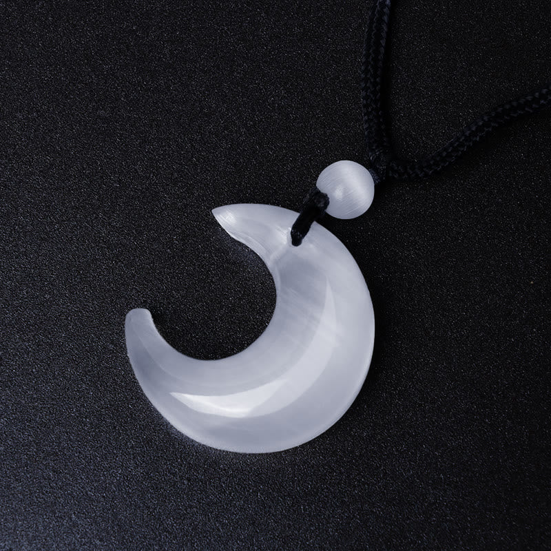 Fortune Jewel Natural Silver Sheen Obsidian Selenite Crystal Crescent Moon Yin Yang Couple Protection Necklace Pendant