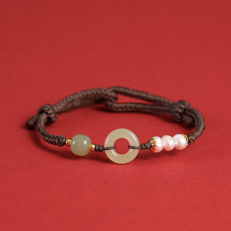 Fortune Jewel Natural Hetian Jade Pearl Peace Buckle Luck Bracelet
