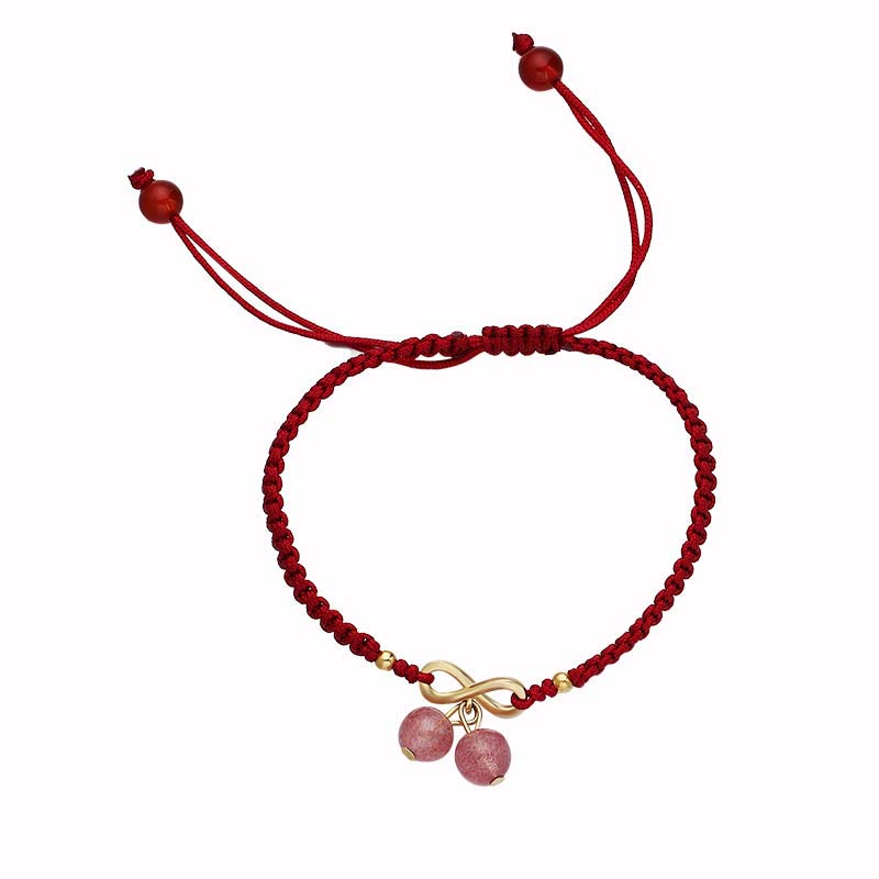 Fortune Jewel Strawberry Quartz Crystal Endless Knot Love Healing Red String Weave Bracelet