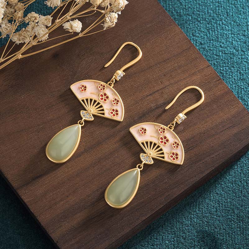 Fortune Jewel Natural Green Aventurine Fan Pattern Luck Drop Earrings