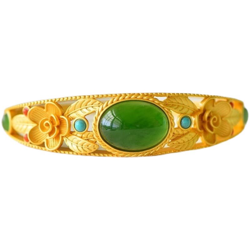 Fortune Jewel Cyan Jade White Jade Flower Leaf Harmony Luck Bracelet Bangle
