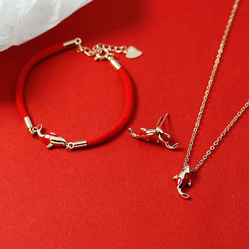 Fortune Jewel Copper Koi Fish Wealth Necklace Pendant Red Rope Bracelet Earrings Set