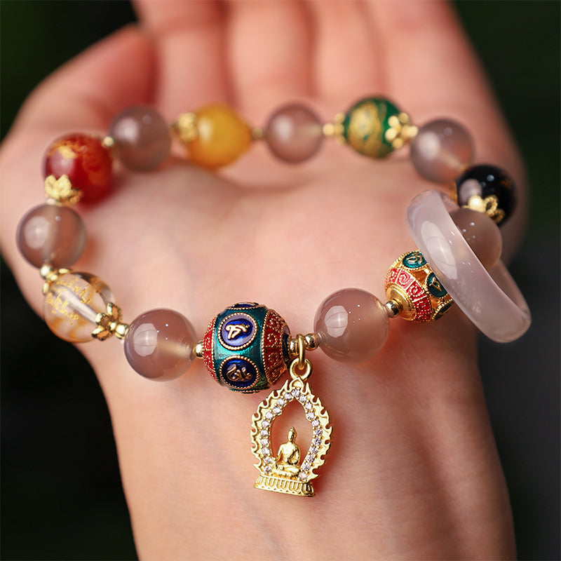 Fortune Jewel Natural Gray Agate Five Directions Gods of Wealth Om Mani Padme Hum Buddha Charm Bracelet